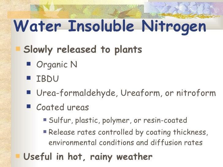Nitrogen W.I.N. WATER INSOLUBLE NITROGEN Usually organic forms of nitrogen and/or urea Must be broken down by the plant to become