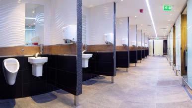 Several elements by Noken have also been used: wall-mounted Acro urinal with flush mechanism above, and wall-mounted Acro 35 cm W/H basin. The floor is Arizona Anthracite 43.5 x 65.
