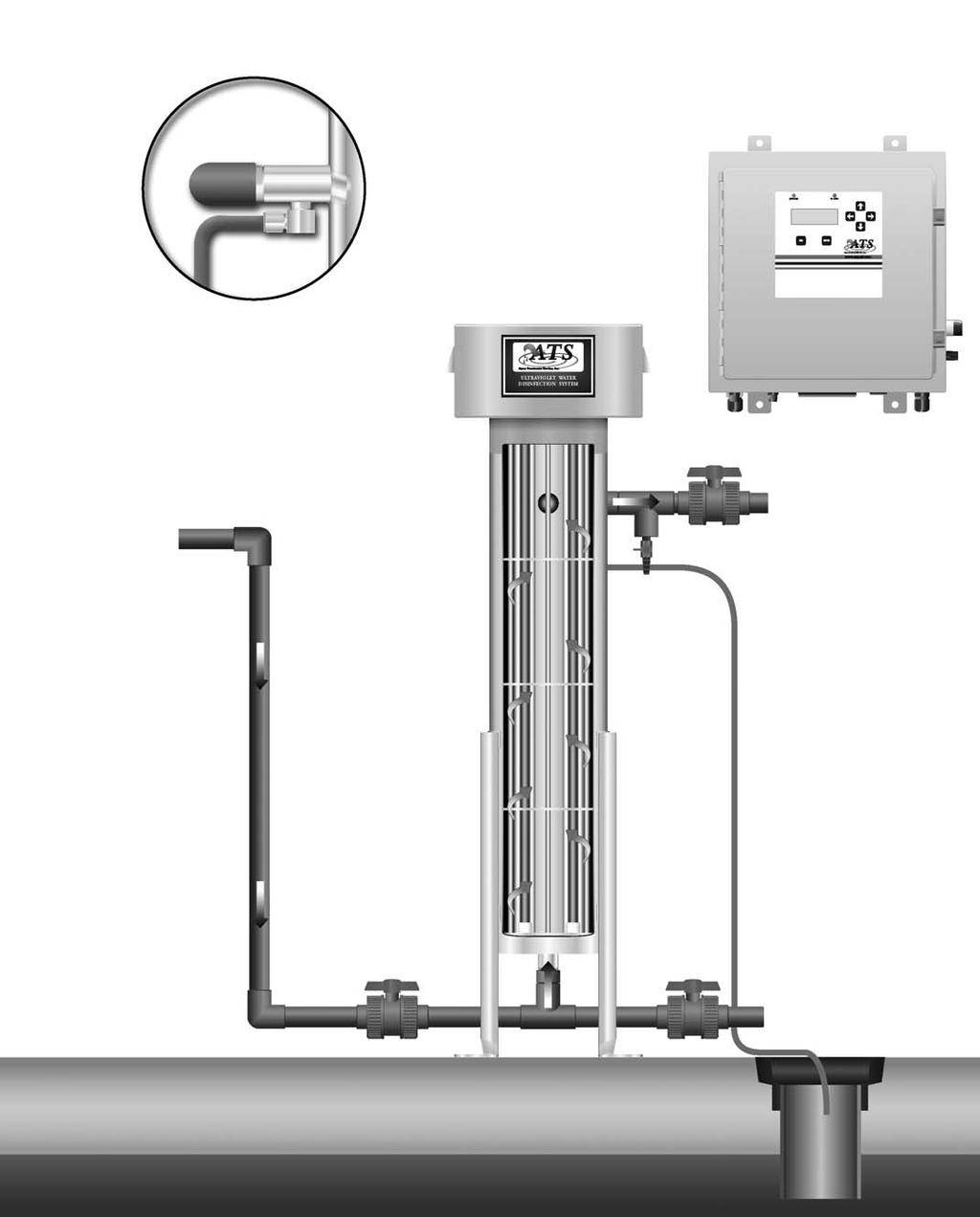 Installation Diagram Enlarged view of outlet with Thermal Relief Valve System Controls Thermal ReliefValve Optional-located on UV outlet Lamp Connection Housing Water influent Water effluent