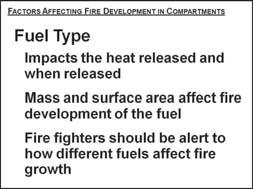 (c) Where ignition occurs (d) Speed of air and fuel mixing C. Factors affecting fire development in compartments 1. Fuel type a. Impacts the heat released and period in which released b.
