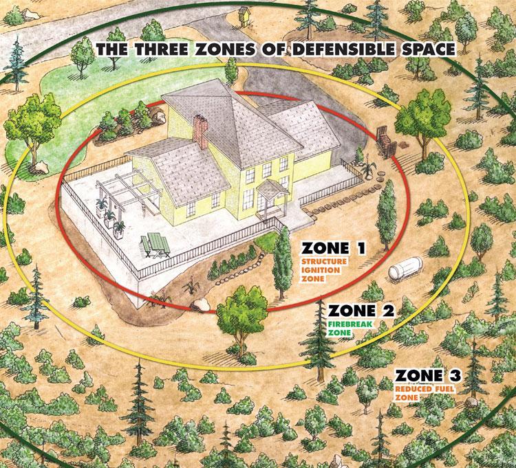 ZONE 1 (extends 10 feet from house) Tree Canopies trimmed at least 4-6 feet from roof Remove dead vegetation and leaves from around decks and gutters Relocate combustibles