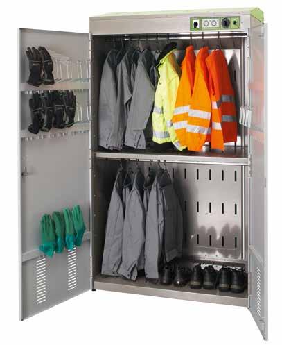 Multi Drying locker for work clothes and gear of large teams. Spacious, small footprint, energy-efficient.
