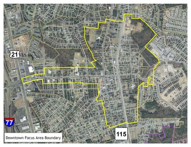The boundaries of Downtown Huntersville are generally framed by Gilead Road and Commerce Drive to the west, Huntersville- Concord Road at Vermillion subdivision to the east, NC 115 and Main Street to