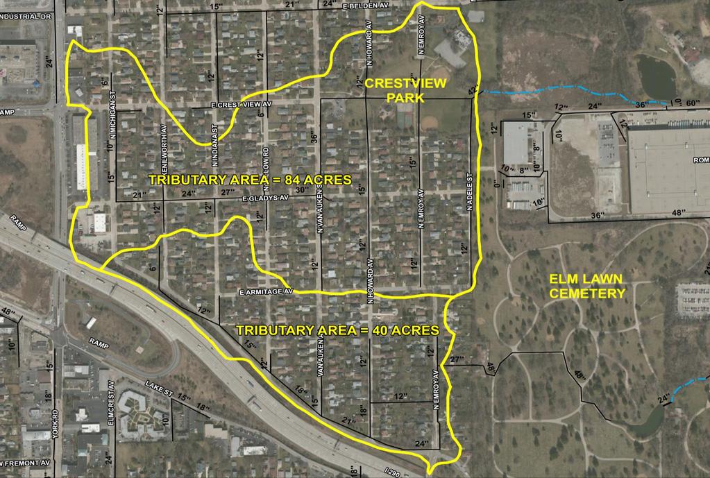 Overview of Crestview Park Study Area This study area includes two separate drainage systems: (1) the north area consists of 84 acres that drain to the ditch located east of Crestview Park,
