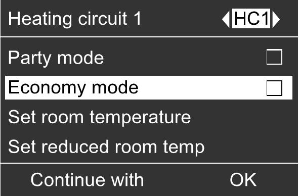 With this function, DHW is reheated to the selected set temperature. 2. Heating 3. Select the heating circuit, if necessary (see page 16). 4. Party mode 5.