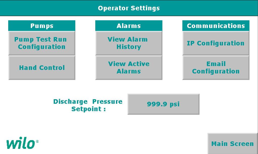 Operator Settings Access to the following Menus Pump Test Run Hand Control Alarm History Active Alarms