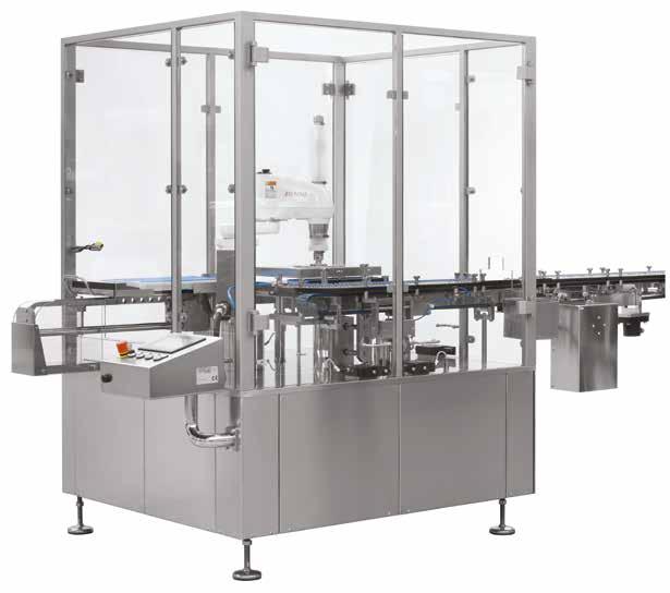 Tray Loader RTL End line, high output tray-loader designed for sealed vials and cartridges packing. Vials preparation on a dead plate in quincunx pattern according to a pre-set number of rows.
