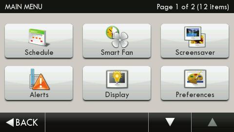 to Skyport Menu Button No Wi-Fi Key detected Fan Button Date & Time Away Button Mode Buttons Main Menu Screen Sub
