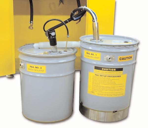 MANUAL - SPRAY GUN & PRESSURE POT CLEANERS REVISION 2008-03 For Units Where Pails are Included (see below and next page) SOLVENT PAIL SETUP (continued) For Units Where Pails are Included (see picture