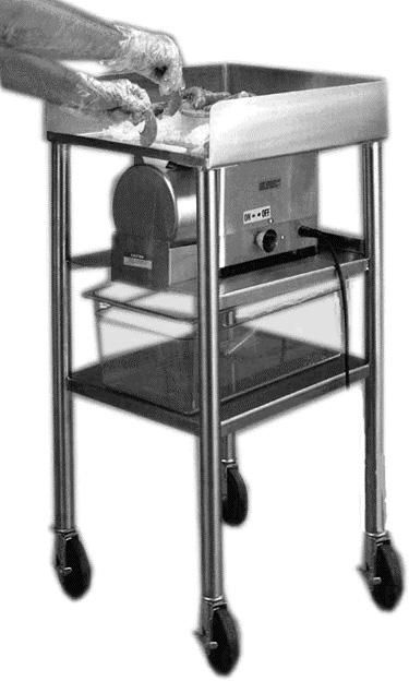 5) Processing Table Model 900 Welded 300 series stainless steel, NSF listed with 5" casters, two locking.