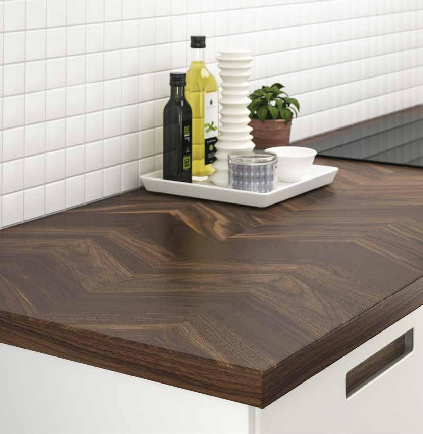 SOLID WOOD AND THIN-LAYER WOOD COUNTERTOPS Natural and durable, wood brings a warm feeling to your kitchen and makes each countertop unique.