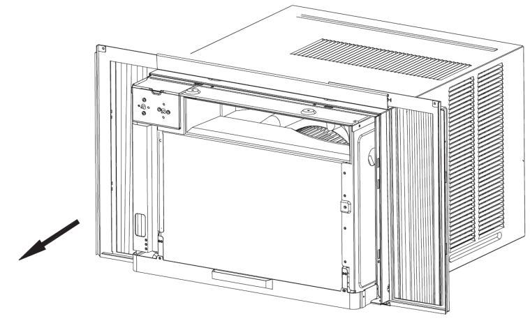 Remove 1 screw fixing cabinet and chassis. Hold cabinet and draw it backwards to remove it.