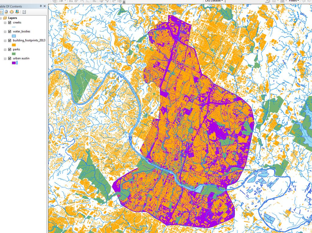 Figure 1 Urban Roads Polygon (purple) Building footprints (orange) Parks (green) and Creeks (blue) The judicial boundaries of the city of Austin were not a good basis for what is urban so I used a