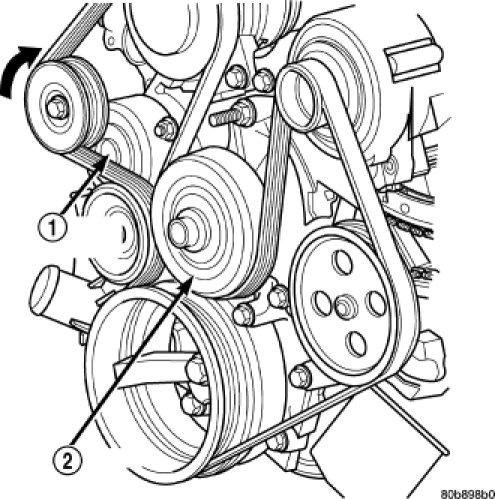 The water pump on 3.7L / 4.7L engines is bolted directly to the engine timing chain case cover. 1. Disconnect the negative battery cable. 2. Drain cooling system. 3. Remove fan/viscous fan drive assembly from water pump.