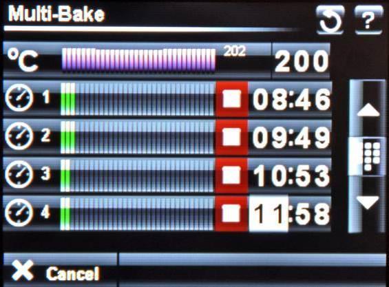 MULTI-BAKE SETUP SCREEN SHOWING FOUR TIMERS SET TOUCH THE START