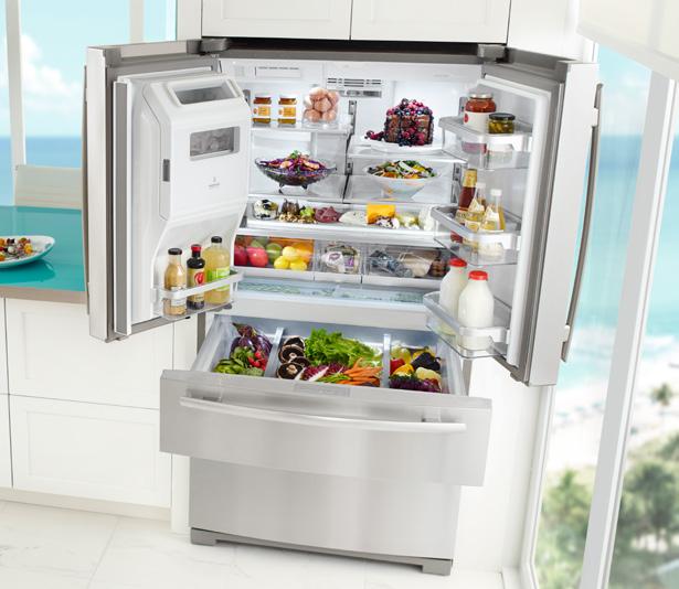 Freestanding Refrigerators French Doors Reveal Expansive Capacity French door refrigerators provide ample fresh food storage space wide enough to fit