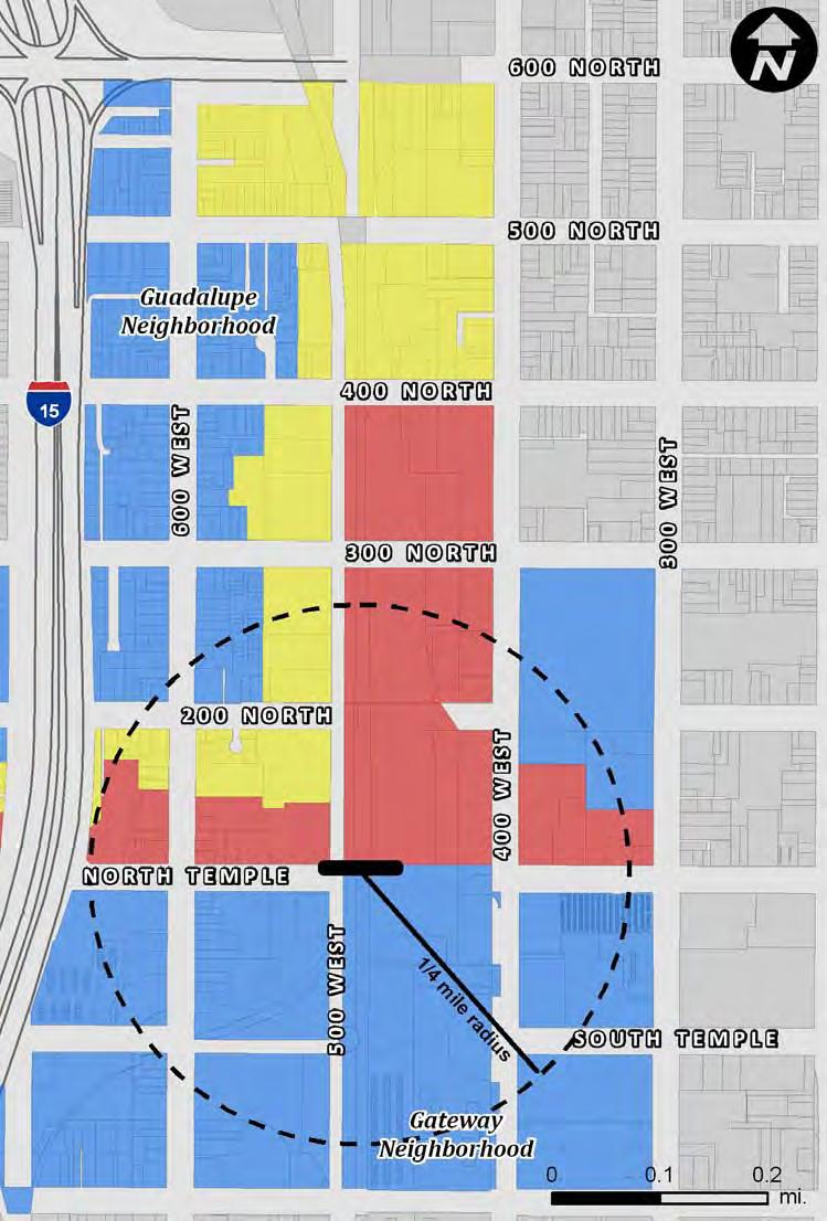 Parcels in red represent the Core Area, where an intense level of transit oriented zoning is appropriate. Parcels in yellow are part of the Transitional Area.