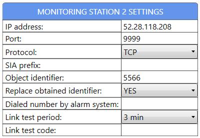 Port number of the monitoring station s IP address Selectable communication IP protocol: TCP, UDP 2 characters long SIA prefix, it can be used if the identifier of the connected alarm control panel
