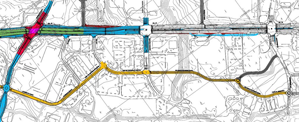 16. North is to the right in this schematic diagram from the US 29 North Transportation Study. US 29 runs from left to right just above the center of the diagram, the 250 Bypass is on the left.