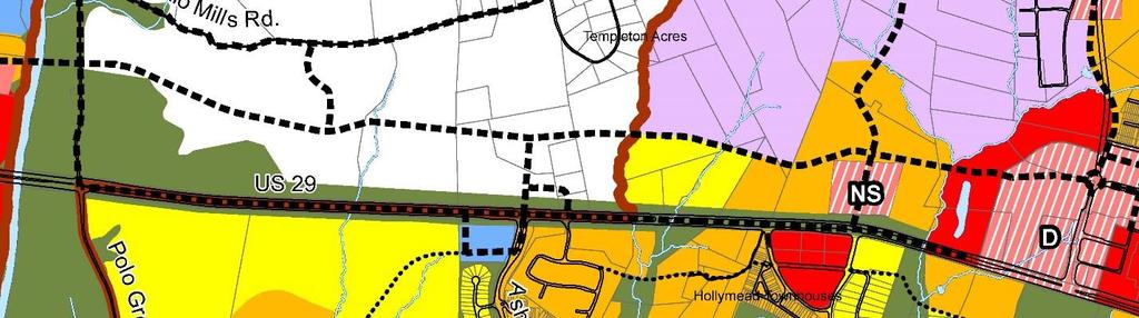 8. This portion of the Future Land Use Map shows the recommended extension of Berkmar Drive over the South Fork of the Rivanna River and north to Hollymead.