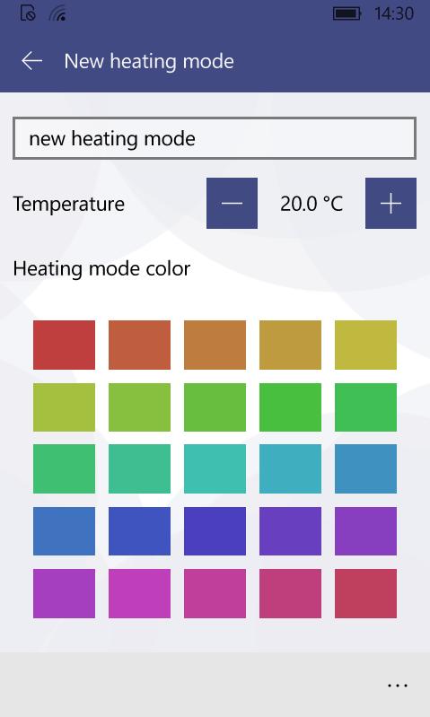 The name New heating mode is automatically given to the newly created heating mode, which may be changed (renamed) in the same window, a desired numerical temperature value may be set and a colour