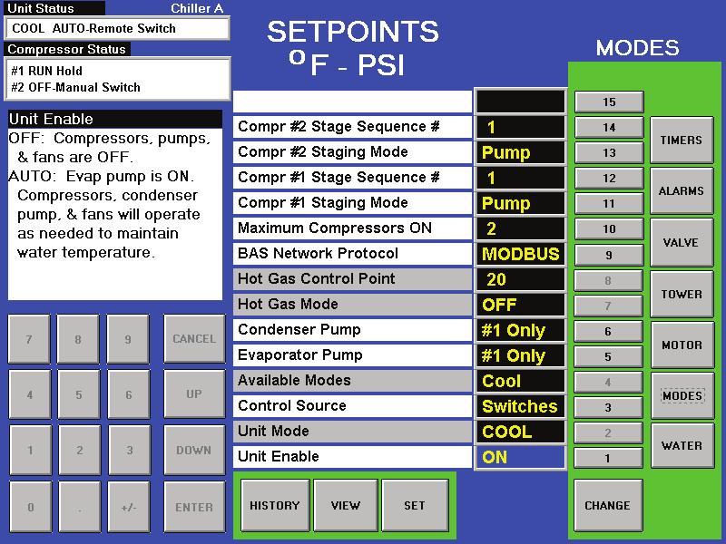 MODES Setpoints Figure 44: MODES Setpoint Screen NOTE: Grayed out setpoints do not apply to this model chiller. Table 10: MODES Setpoint Settings Description No.