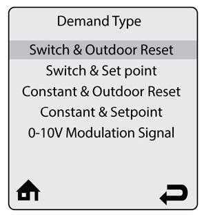 GF-135 Esteem 399 Low NOx Boiler Chapter 18 OMM-0089_0A Installation, Operation & Maintenance Manual Controller Operation 18.3.2 Demand Type (Default: Switch & Outdoor Reset) Figure 18-8: DEMAND TYPE Menu Demand Type allows the installer to select how a CH Demand is generated.