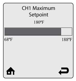 GF-135 Esteem 399 Low NOx Boiler Chapter 18 OMM-0089_0A Installation, Operation & Maintenance Manual Controller Operation 18.3.3 Absolute Max CH Setpoint (Default: 188 F [87 C]) Figure 18-9: ABSOLUTE MAX CH SETPOINT Menu Absolute Max CH Setpoint limits the setpoint during a central heating call.