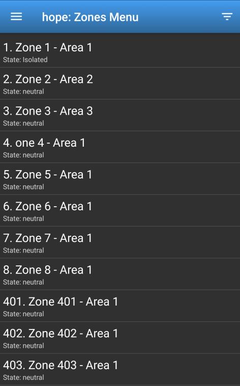 Zones The screen shows the status of zones and allows you to inhibit and uninhibit them.