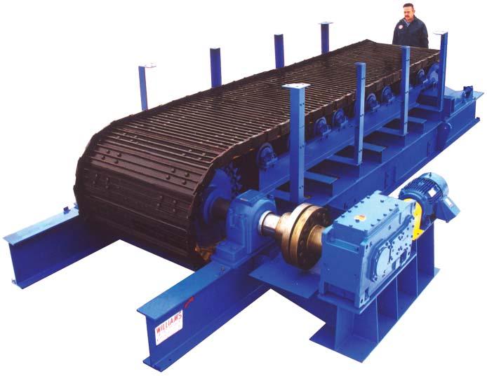 Williams Apron Pan Feeders are the heaviest duty apron pan feeders on the market today, utilizing 1-1/2 inch thick manganese plates bolted to D-9 type crawler chains with large head and pulley