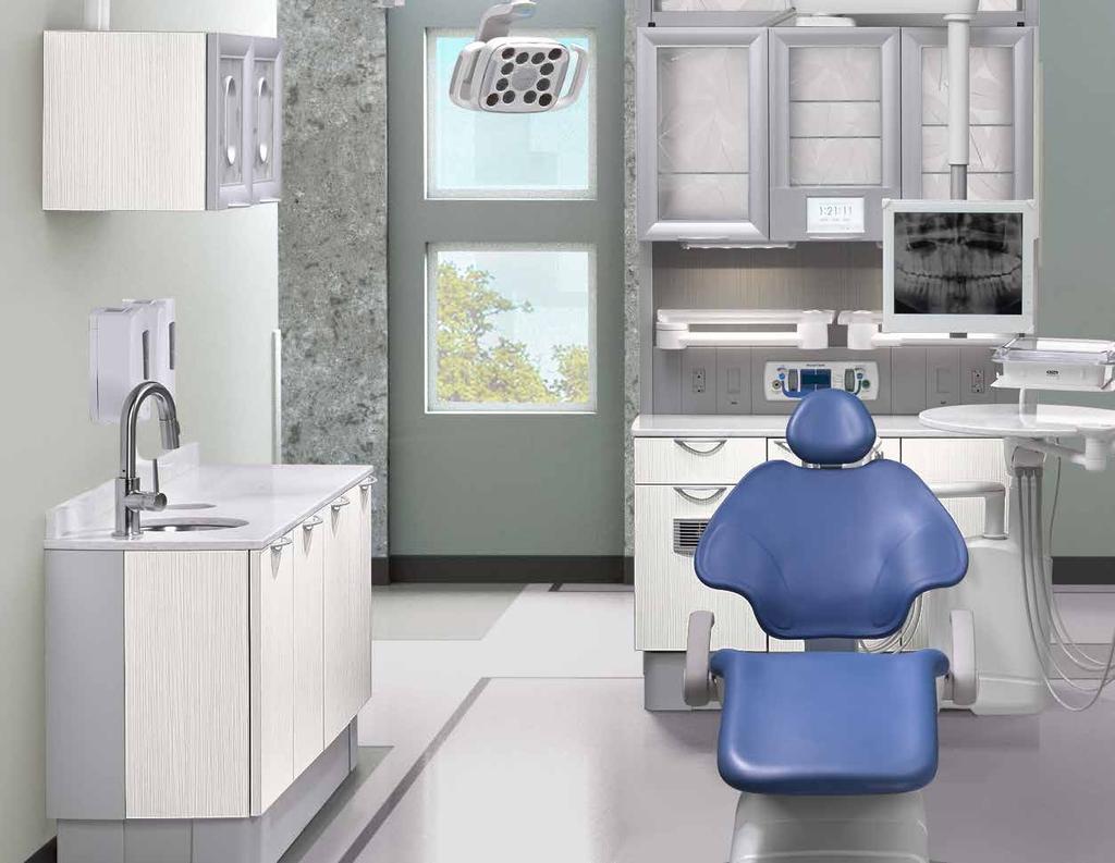 Cabinets neatly conceal dental light mount, while providing plenty of room to dispense cups, towels, masks and gloves.