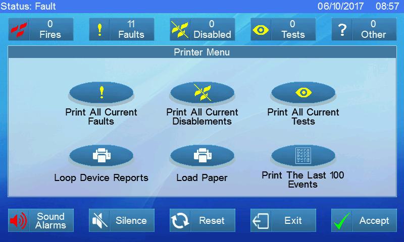 1.7 Printer Menu Touching Printer Menu displays the printer options Note: - The printer menu option is only available on panels configured to have a printer Prints the current faults Prints the