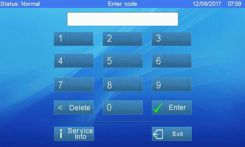 screen to bring up the code entry key pad Enter the engineer code by touching the relevant number buttons then touch Enter.