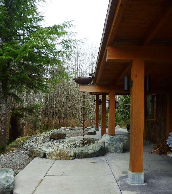 Rainwater as Part of the Landscaping Tofino, BC Rain chain to