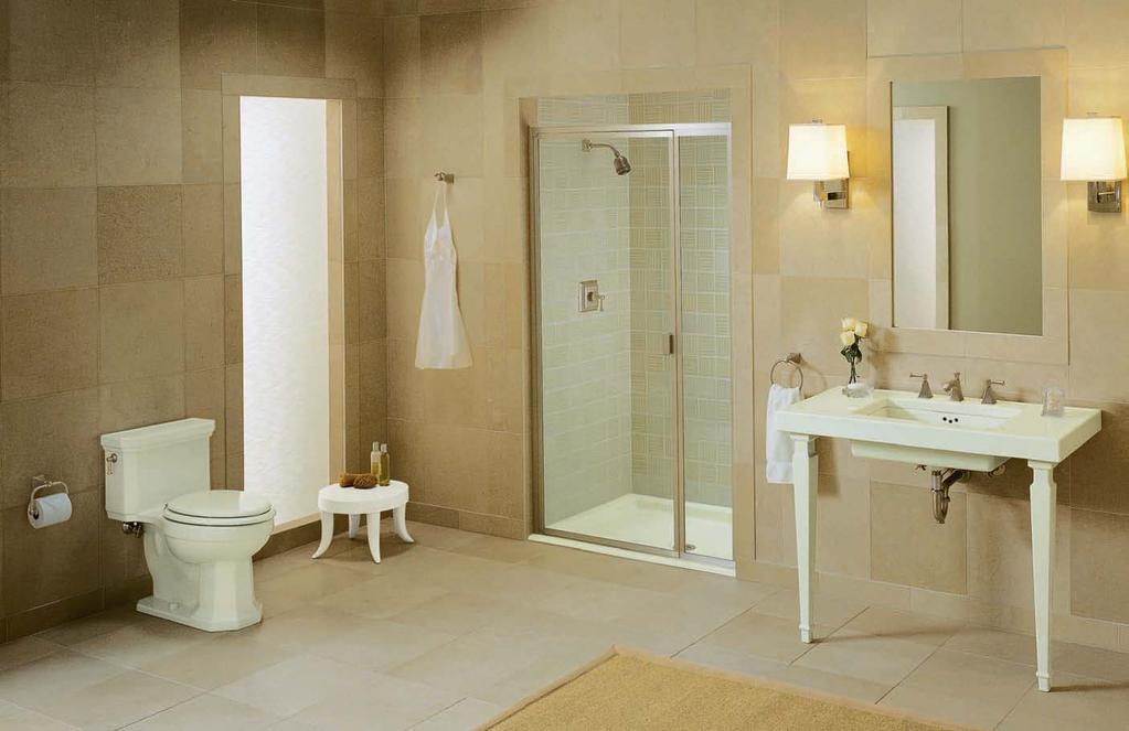 Kathryn Suite Kathryn Comfort Height One-piece Toilet K-3324 with Kathryn Seat K-4701, Kathryn Shower Receptor K-9025 with Kathryn Pivot Shower Door K-702212-L, Kathryn Console Table K-3029/K-2318