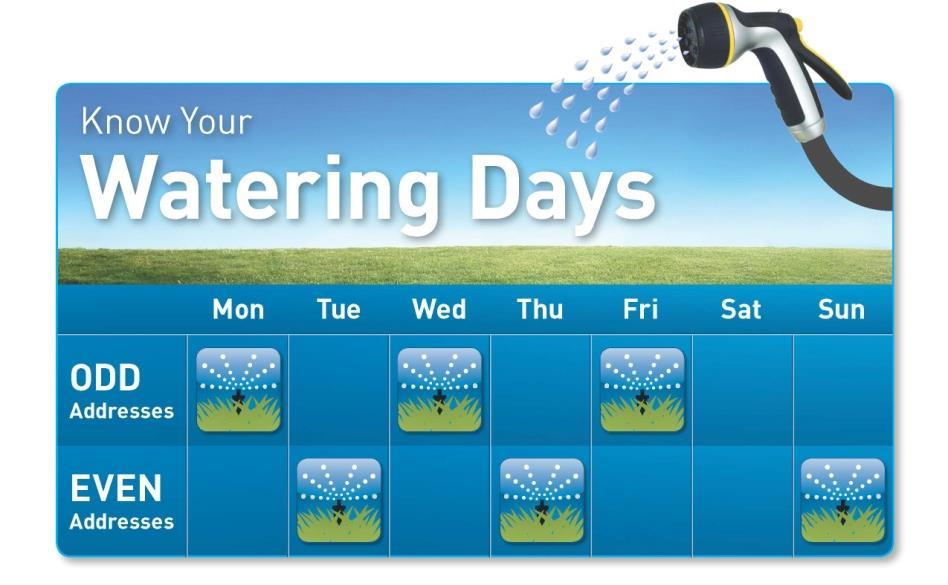 Watering Restriction in Effect 3 watering days per week Before 9am or after 4pm