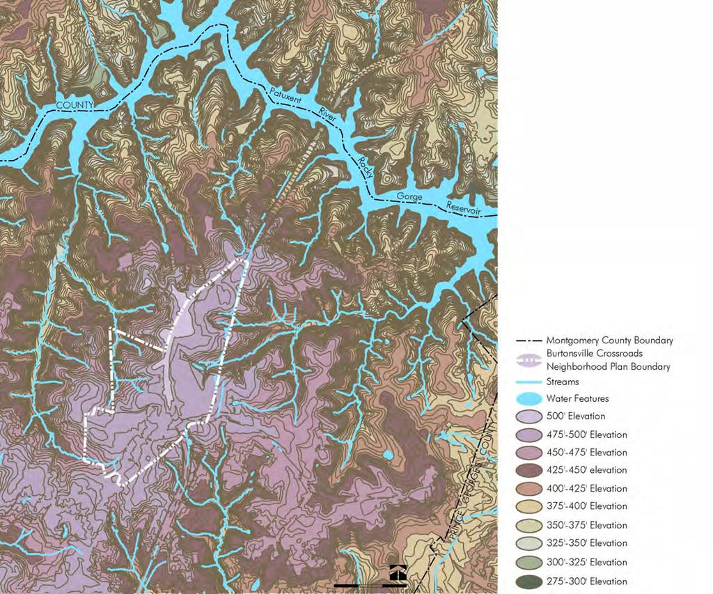 Environment Map 10: Sensitive Headwaters and Topography Three tributary headwaters of the Patuxent River originate in Burtonsville.
