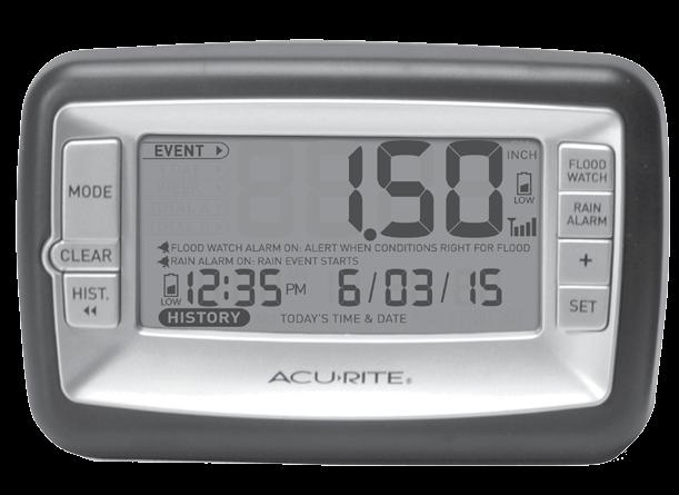Features & Benefits 17 1 2 3 16 15 14 13 12 11 10 4 5 6 7 8 9 DISPLAY UNIT 1. MODE Button Toggle between rainfall readings for EVENT, 1 DAY, WEEK, TOTAL A or TOTAL B. 2. CLEAR Button Clears data being viewed for current mode (#1).