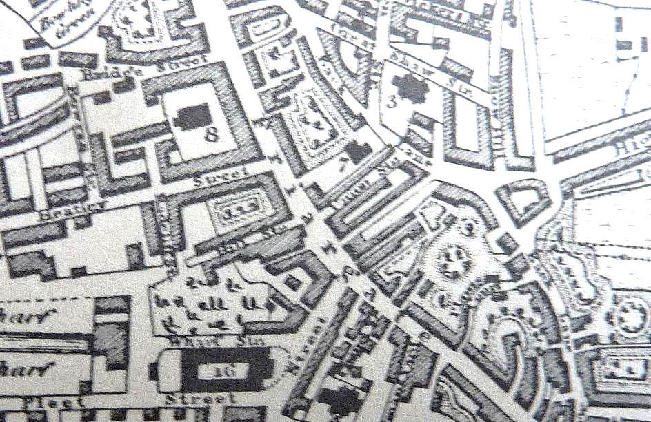 Figure 1. Detail of a map of Preston surveyed by R. Thornton in 1824 (Baines). The 18 th century meeting house is shown near the centre and numbered 7.