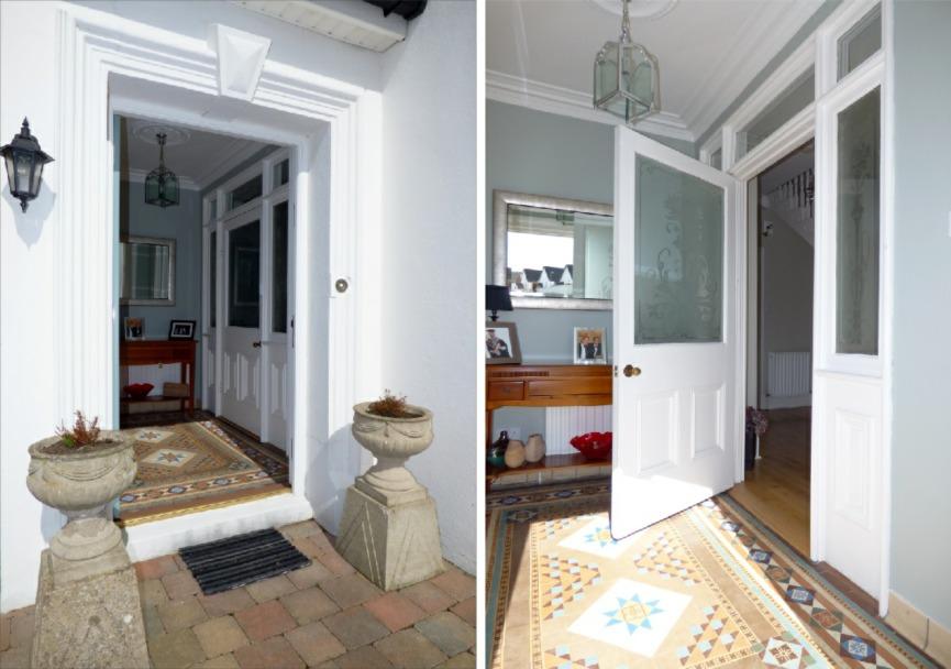Entrance Porch: With stained glass front door, Terrazo tiled flooring, feature cornice