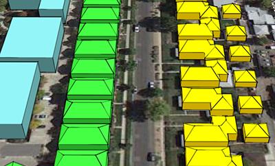Figure 4-1-3-6B Illustrative Edge Compatibility In the illustration below, the yellow houses on the right-hand side are existing homes that are across a local residential street from a mixed-use