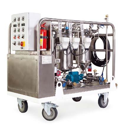 1) are: Control panel (1) Piping with shut-off valves (8) Electric pump (5) Filter system including a pre-treatment module (6) Dehydration module (7) cleaning module (4) cleaning controls (2) All