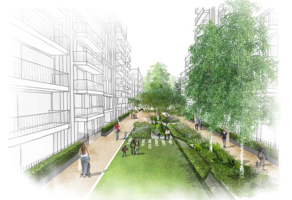 residential gardens between blocks. In these spaces there will be raised soft landscaping and trees.