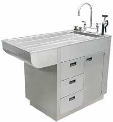 Cabinet constructed of 18 gauge type 304 stainless steel Radius knee space Recessed toe space Drawers pass-thru to both sides Removable 20 L x 12 W x 4 H stainless drawer pans Lift off hinges allow