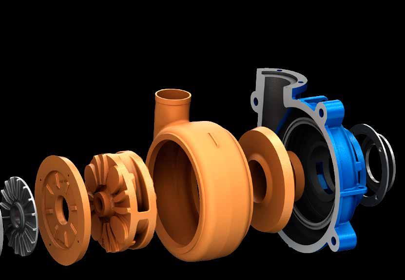 The WRT impeller and throatbush combination with improved hydraulic profiles, reduced turbulence, extended wear performance and lowered power consumption.