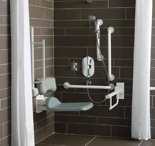 Plumb Center CONTOUR 21 Doc M Unisex Shower Pack with White Rails B97320 S6960AC Meets all Doc M Building Regulations Hinged seat Lever operated mixer Optional blue finish grab rails Pack Contents: