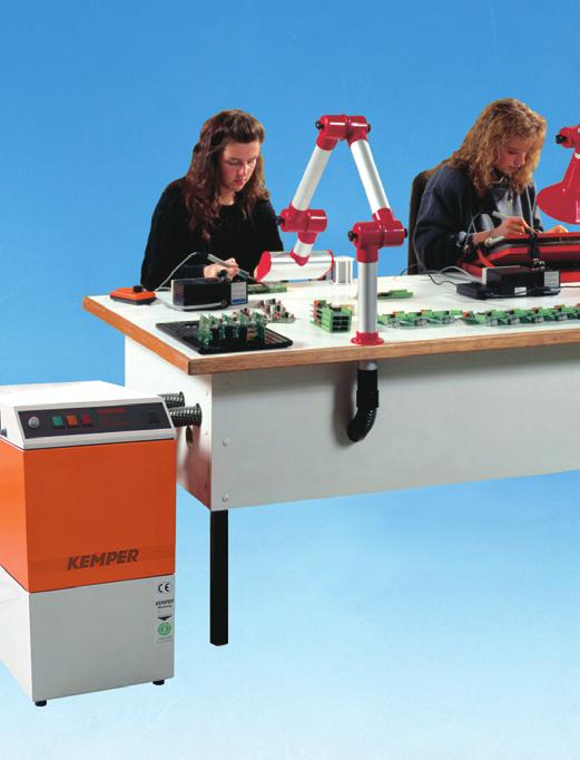 Extraction and filter set for 1 or 2 hand soldering stations Consisting of one KEMPER extraction and filter unit, two exhaust arms with slit nozzle and table clamp, as well as the corresponding