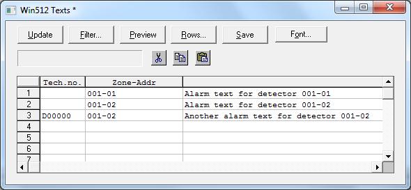 Text column Shows already programmed alarm texts. Texts can be typed / edited here. NOTE!