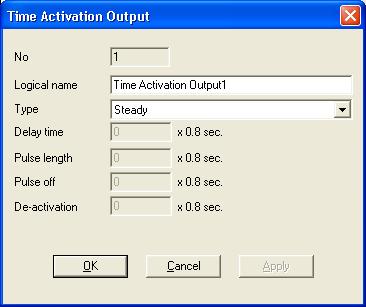 21.4 Door open "Time Activation Output" 1-10 can be programmed. For each Time Activation Output the properties have to be set: No.: X = The number of the Time Activation Output, 1-10.