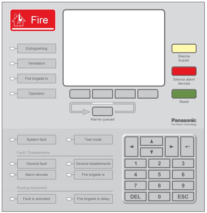 Figure 2. The EBL512 G3 front with display ("Man-Machine- Interface"); The Fire Brigade Panel (FBP) is the upper part and the Control Panel (CP) is the lower part.